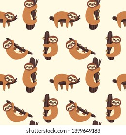 Seamless background with Sloth on the branch. Vector illustration with cute bear on white. Animal pattern.