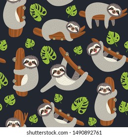 Seamless background with Sloth on the branch. Vector illustration of leaves and cute bear on black. Floral and animal pattern.
