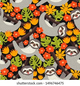 Seamless background with Sloth on the branch. Vector illustration of leaves, flowers and cute bear on black. Floral and animal pattern.