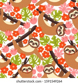 Seamless background with Sloth on the branch. Vector illustration of leaves, flowers and cute bear on white . Floral and animal pattern.