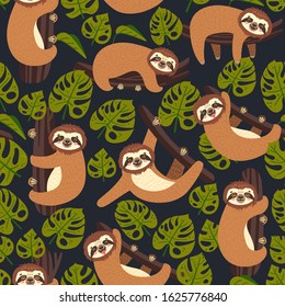Seamless background with Sloth on the branch. Vector illustration of leaves and cute bear on black. Floral and animal pattern.