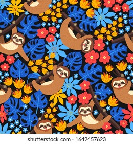 Seamless background with Sloth on the branch. Vector illustration of leaves, flowers and cute bear on black. Floral and animal pattern.