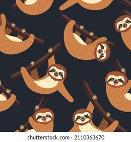 Seamless background with Sloth on the branch. Vector illustration of leaves, flowers and cute bear on black. Animal pattern.
