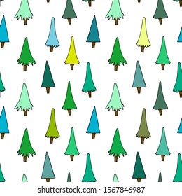 Seamless background of small Christmas trees. Colorful Christmas trees on a white background. For design and decoration of fabric, paper, Wallpaper and packaging.