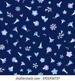 Fondo sin inconvenientes con flores y corazones pequeños. Patrón floral ornamental para tela, papel de pared, papel digital, rellenos, etc.
