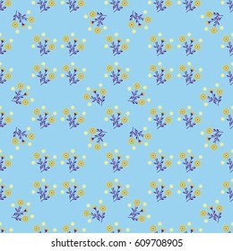 Seamless background of small flowers. Flowers and leaves are a repeating pattern on a blue background. The image can be used for textiles or book covers, Wallpaper, wrapping gifts.