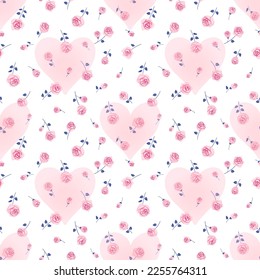 Seamless background with small roses and love hearts. Romantic floral pattern. Vector illustration.