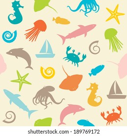 Seamless background with small sea animals silhouettes