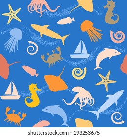 Seamless background with small sea animals silhouettes