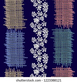Seamless background with small white flowers and wicker fabric. Design for cloth, wallpaper, gift wrapping. Print for silk, calico and home textiles. Vintage natural pattern