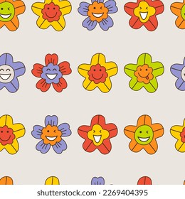 Seamless background, smiles flowers. Continuous pattern, retro clipart. Stylish repeating design
