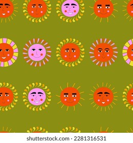 Fondo sin mar, sonrisas de sol. Patrón continuo, clipart retro. Diseño resistente y elegante
