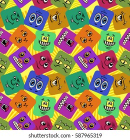 Seamless Background with Smileys, Monsters, Funny Cartoon Characters, Different Faces in Colorful Squares, Tile Pattern for Your Design. Vector