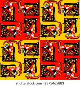 Seamless background with smiling Joker on red and yellow squares with playing cards. Vector illustration