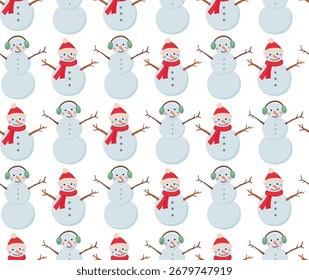 Fundo perfeito com bonecos de neve sorridentes. Padrão de feriado de inverno com caracteres engraçados