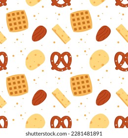 Seamless background with snack food. Fast food restaurant, menu. Crackers, cookies, biscuits, chips, nuts. Vector