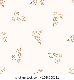 Seamless background snail gender neutral pattern. Whimsical minimal earthy 2 tone color. kids nursery wallpaper or boho cartoon mollusc fashion all over print. 