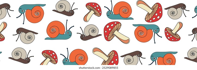 Seamless background with snail and mushrooms. Red fly agaric and snail isolated on white background. Vector illustration.