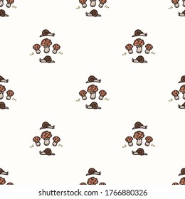 Seamless background snail on mushroom gender neutral baby pattern. Simple whimsical minimal earthy 2 tone color. Kids nursery wallpaper or boho cartoon animal fashion all over print.