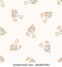 Seamless background snail on terracotta pot gender neutral pattern. Whimsical minimal earthy 2 tone color. kids nursery wallpaper or boho cartoon insect fashion all over print. 