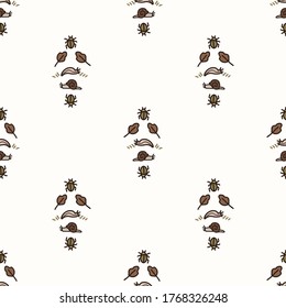 Seamless background snail and slug gender neutral baby pattern. Simple whimsical minimal earthy 2 tone color. Kids nursery wallpaper or boho cartoon animal fashion all over print.