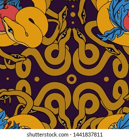 Seamless background with snakes and apples. Vector illustration made in free style.