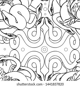 Seamless background with snakes and apples. Vector illustration made in free style.