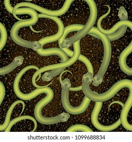 Seamless background. Snakes are many surface coating of tangled crawling green snakes 3D vector realistic.