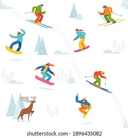 Seamless background with  snow boarders and skiers for textile or any prints in doodle style. Textile packing paper pattern with winter sport acivities