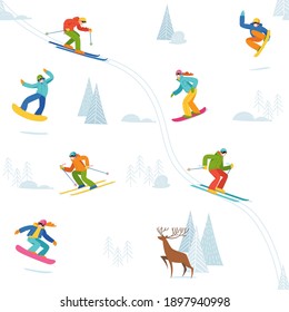 Seamless background with snow boarders and skiers for textile or any prints in doodle style. Textile packing paper pattern with winter sport acivities