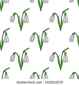 Seamless background of  snowdrops. Endless pattern with flower for your design.