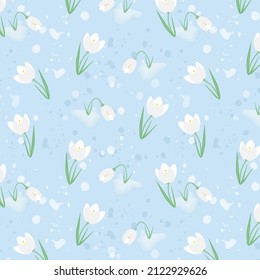 Seamless background with snowdrops. Spring pattern in pastel colors. Vector illustration.