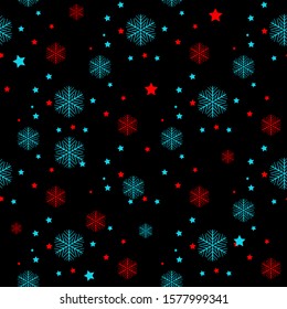 Seamless background with snowflakes in blue and red colour on black background eps 10