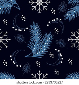 Seamless background with snowflakes, a Christmas tree on a dark background. Vector illustration. Suitable for greeting cards, wrapping paper. Merry Christmas, Happy New Year. Seamless winter pattern.