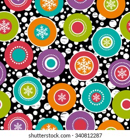 Seamless background with snowflakes and colour rings, vector illustration