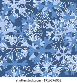 Seamless background. Snowflakes of different shapes and sizes. Shades of blue. Outline. Flat design. 