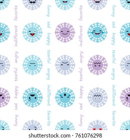 Seamless background with Snowflakes emotions. Cute cartoon. Vector illustration. Textile rapport.