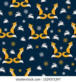 seamless background with snowflakes, fox and rabbit. Vector design for paper or fabric