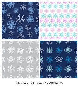 Fondo sin foco con copos de nieve. Conjunto de cuatro antecedentes de Navidad y Año Nuevo. Elementos de decoración navideña. Ilustración vectorial.