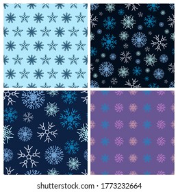 Nahtloser Hintergrund mit Schneeflocken. Vier Weihnachten- und Neujahrsrückgänge. Weihnachtsschmuck-Elemente. Vektorgrafik.