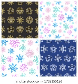Seamless background with snowflakes. Set of four Christmas and New Year backdrops. Christmas decoration elements. Vector illustration.