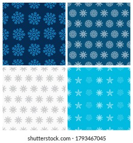 Seamless background with snowflakes. Set of four Christmas and New Year backdrops. Christmas decoration elements. Vector illustration.