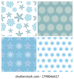 Seamless background with snowflakes. Set of four Christmas and New Year backdrops. Christmas decoration elements. Vector illustration.