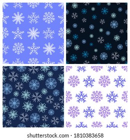 Seamless background with snowflakes. Set of four Christmas and New Year backdrops. Christmas decoration elements. Vector illustration.