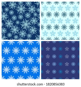 Seamless background with snowflakes. Set of four Christmas and New Year backdrops. Christmas decoration elements. Vector illustration.