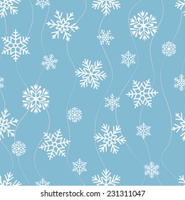 Seamless background with snowflakes and sinuous wavy lines on a blue background