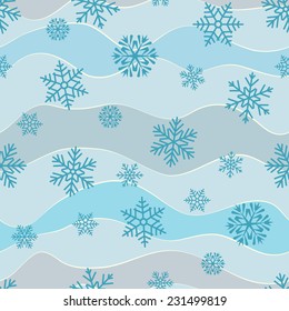 Seamless background with snowflakes and sinuous wavy lines on a blue background