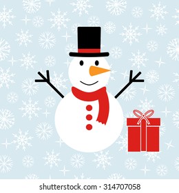 A seamless background of snowflakes. Snowman with gift. Vector illustration