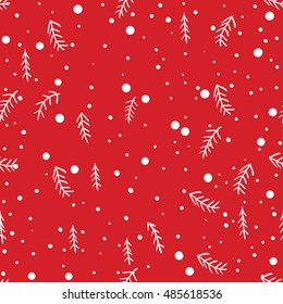 Seamless background with snowflakes and twig. Winter and Christmas. Red and white. Simple shapes