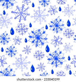 Seamless background of snowflakes watercolor. Winter blue pattern for decoration and design.